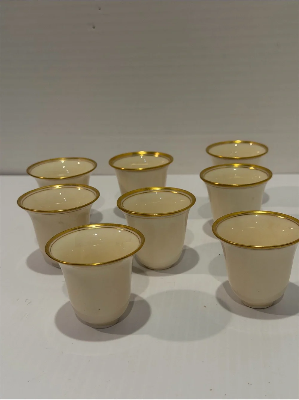 Set of 8 Lenox CREAM & GOLD EGG DEMITASSE CUP Double Gold Line Green Wreath Mark